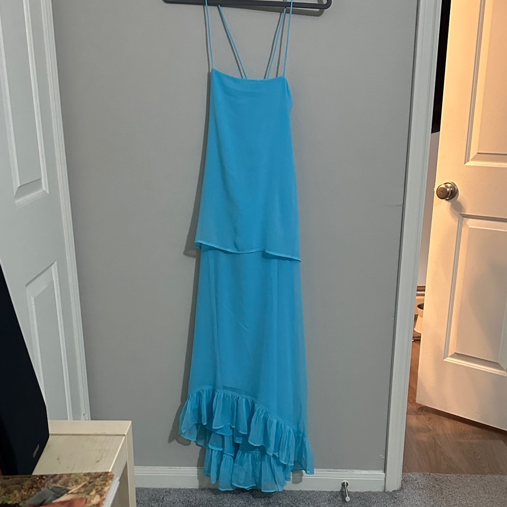 Elegant blue ASOS Design cami crinkle overlay midi dress with ruffle